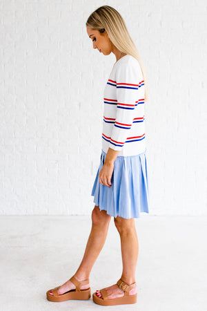 Women's White Striped 3/4 Length Sleeve Boutique Mini Dress