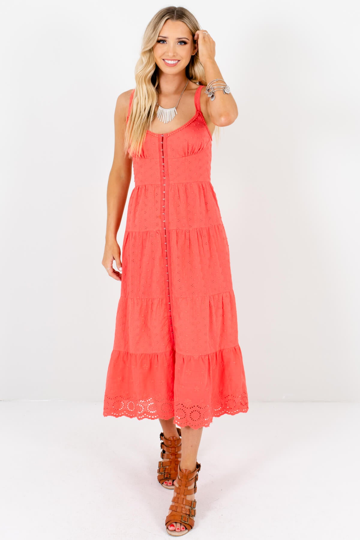 Coral Eyelet Embroidered Crochet Midi Dresses Affordable Online Boutique