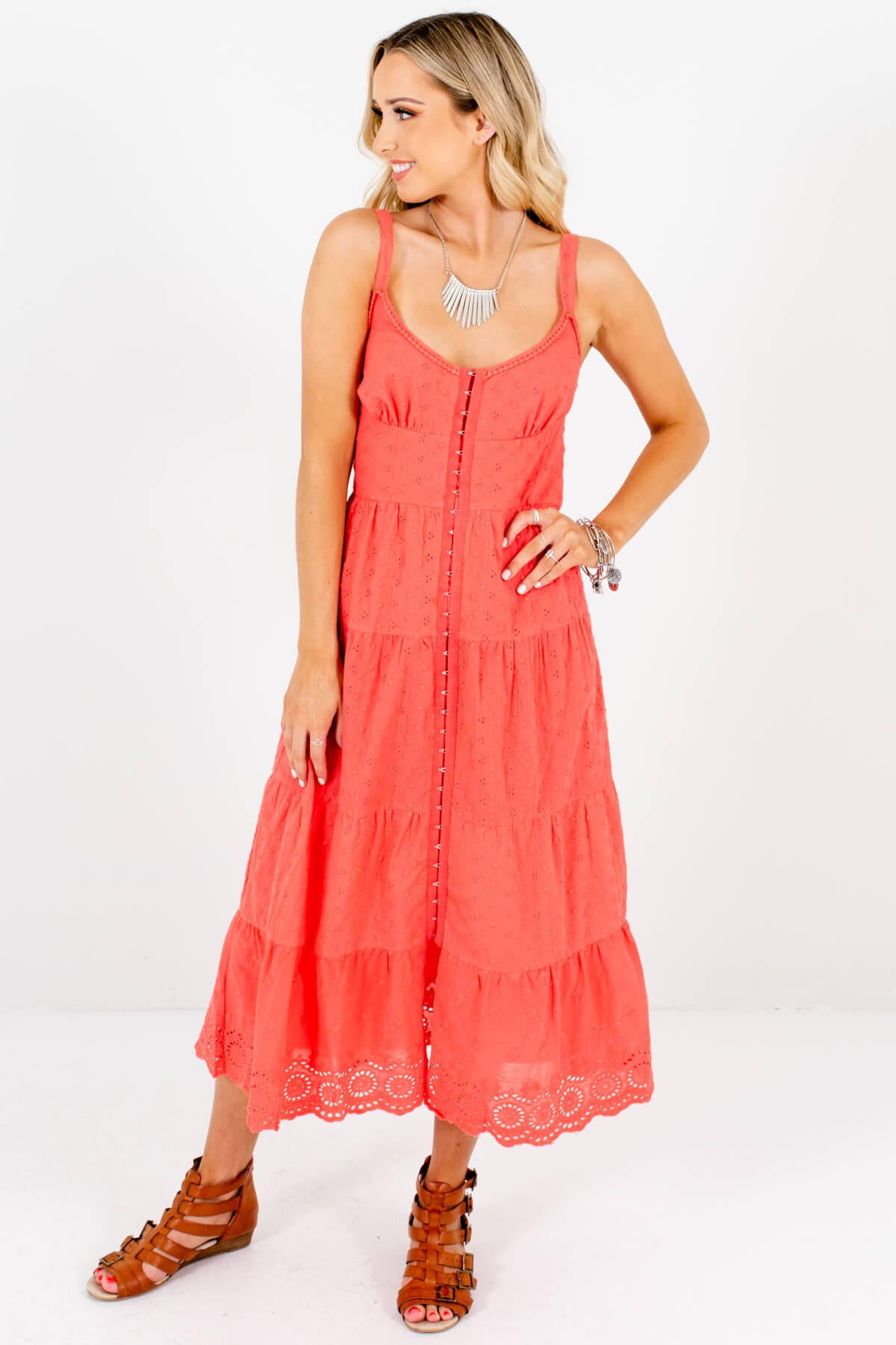 Coral Eyelet Embroidered Crochet Midi Dresses with Hook-and-Eye Front Closure