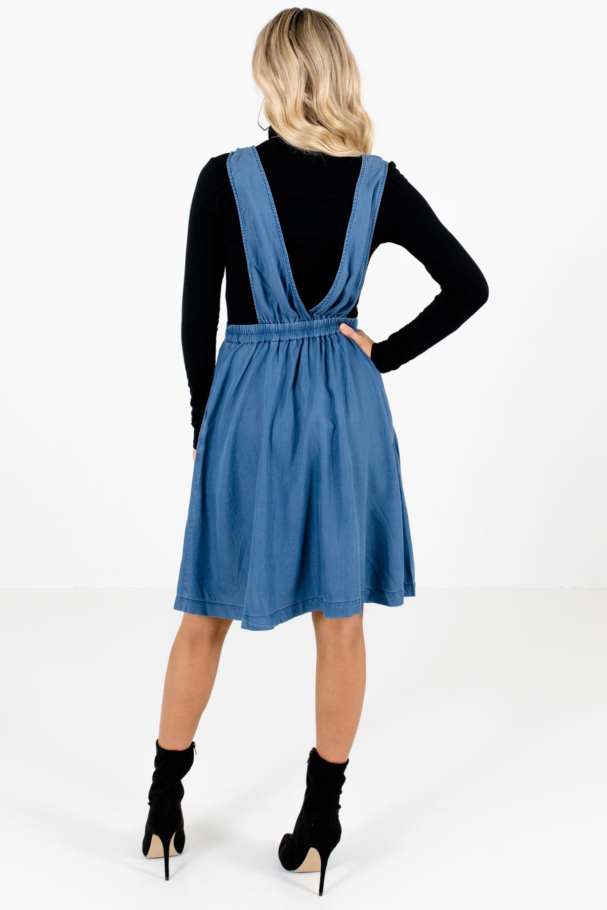 Women's Blue Back Elastic Waistband Boutique Knee-Length Dress