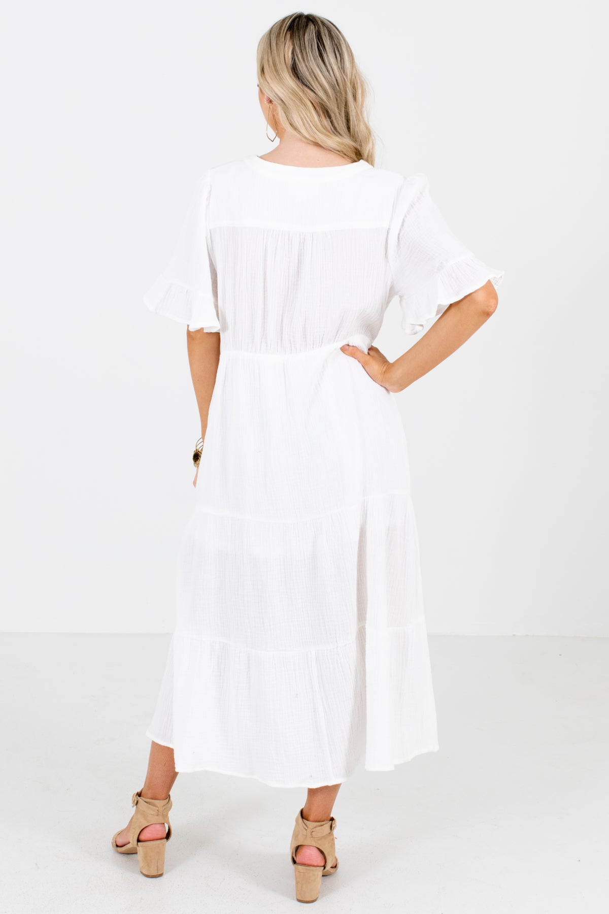 Women's White Ruffle Accented Boutique Midi Dress