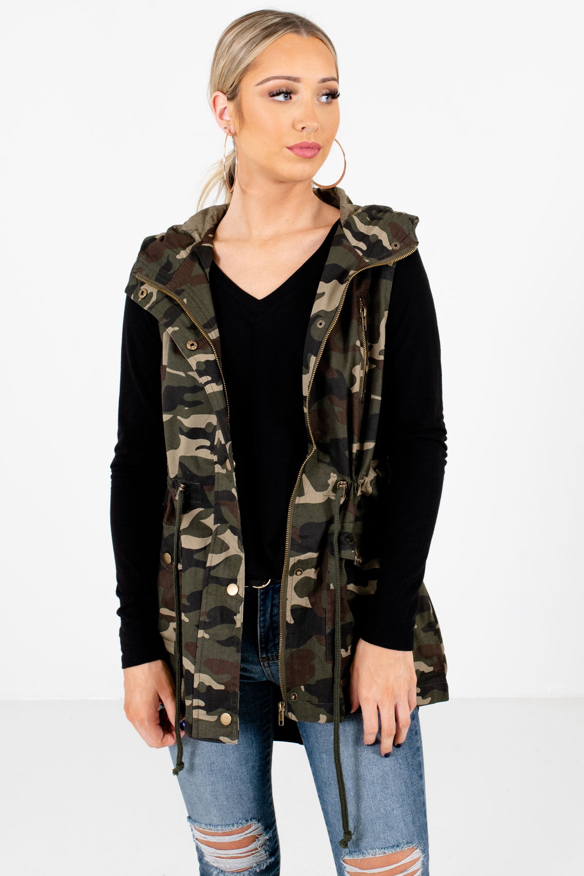 Green and Brown Camouflage Print Boutique Vests for Women