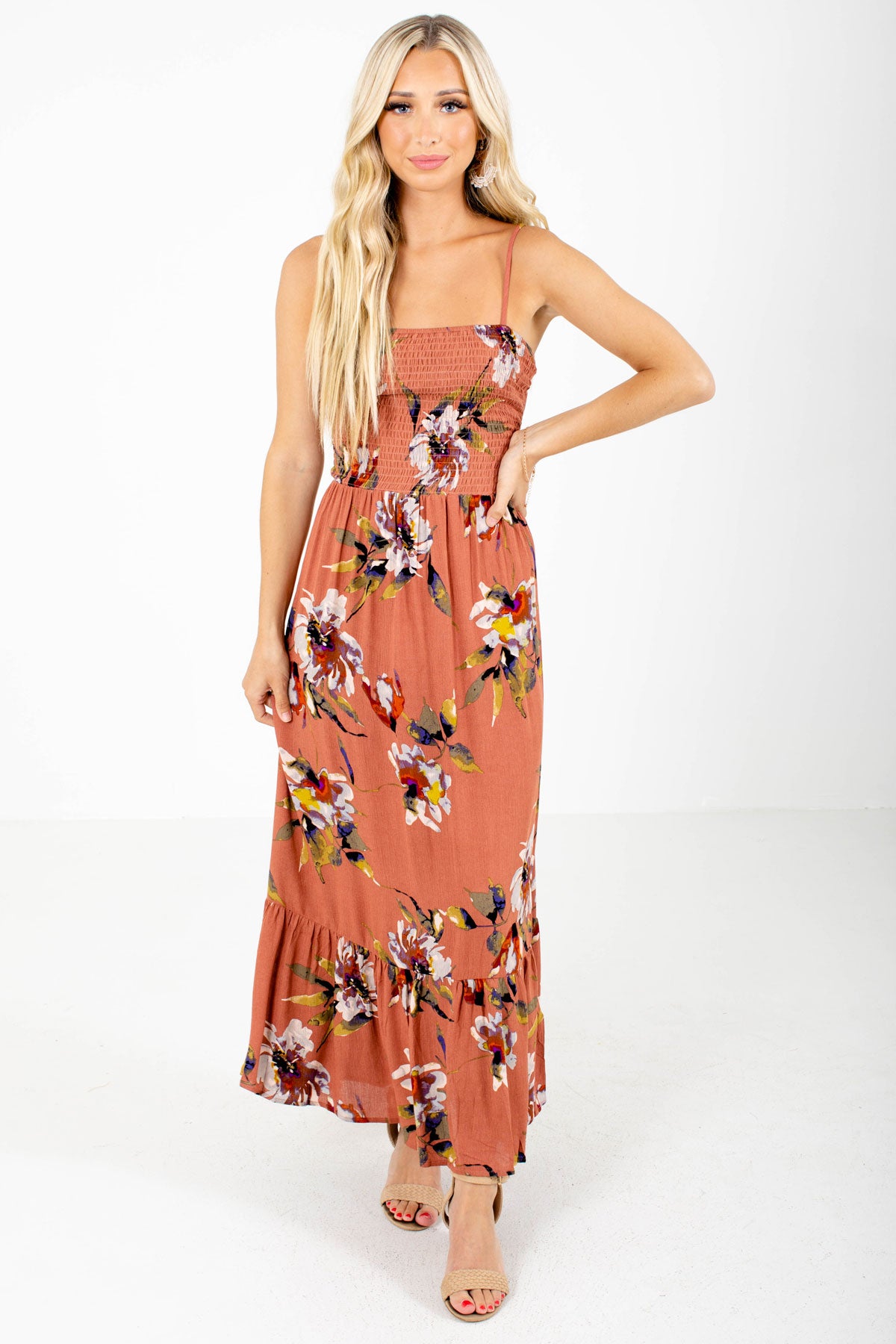 Rust Smocked Bodice Boutique Maxi Dresses for Women