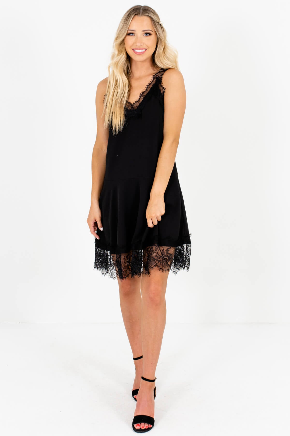 Black Eyelash Lace Fit and Flare Mini Dresses Affordable Boutique