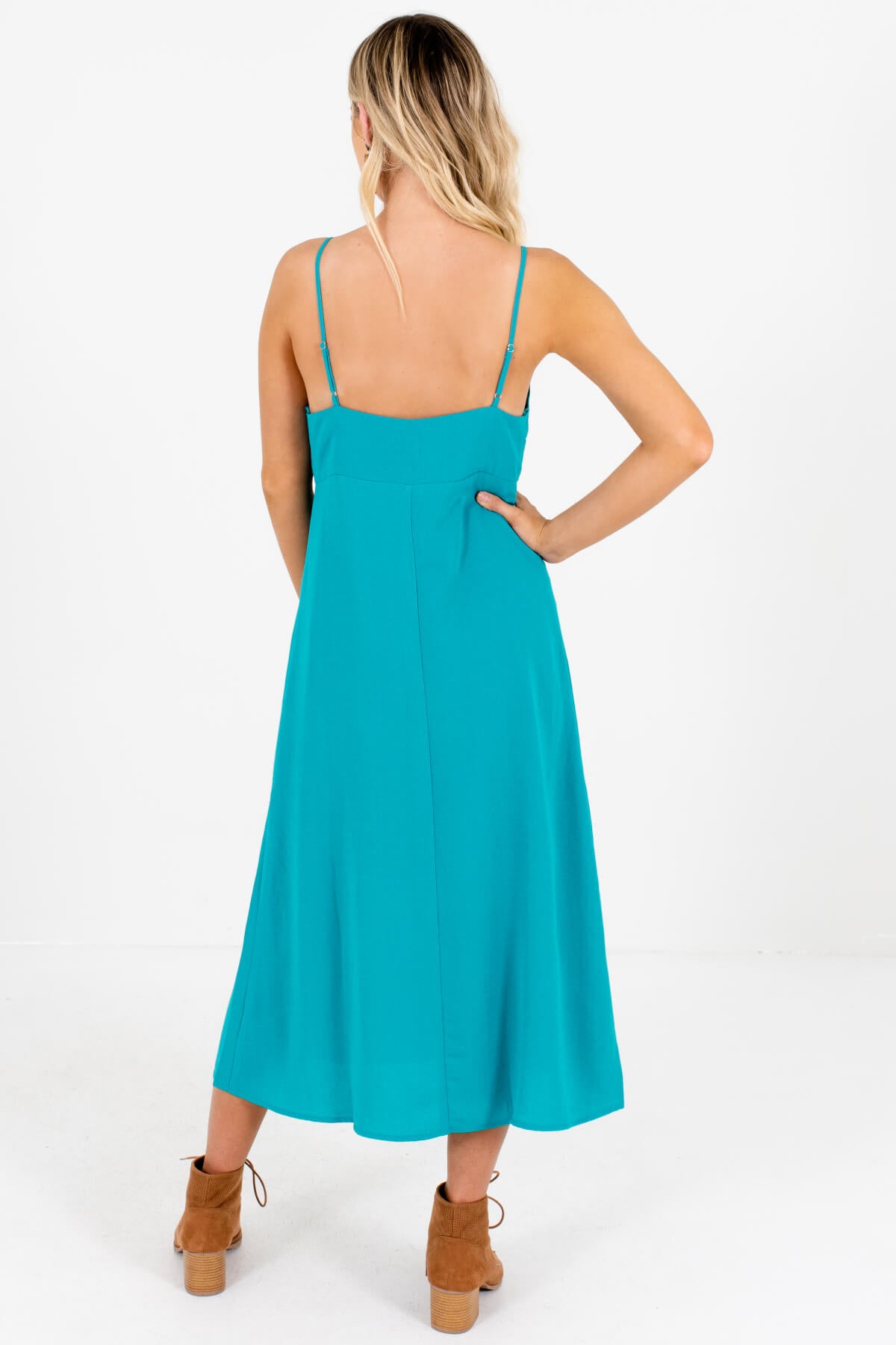 Turquoise Teal Button-Up Tie-Front Midi Dresses for Women