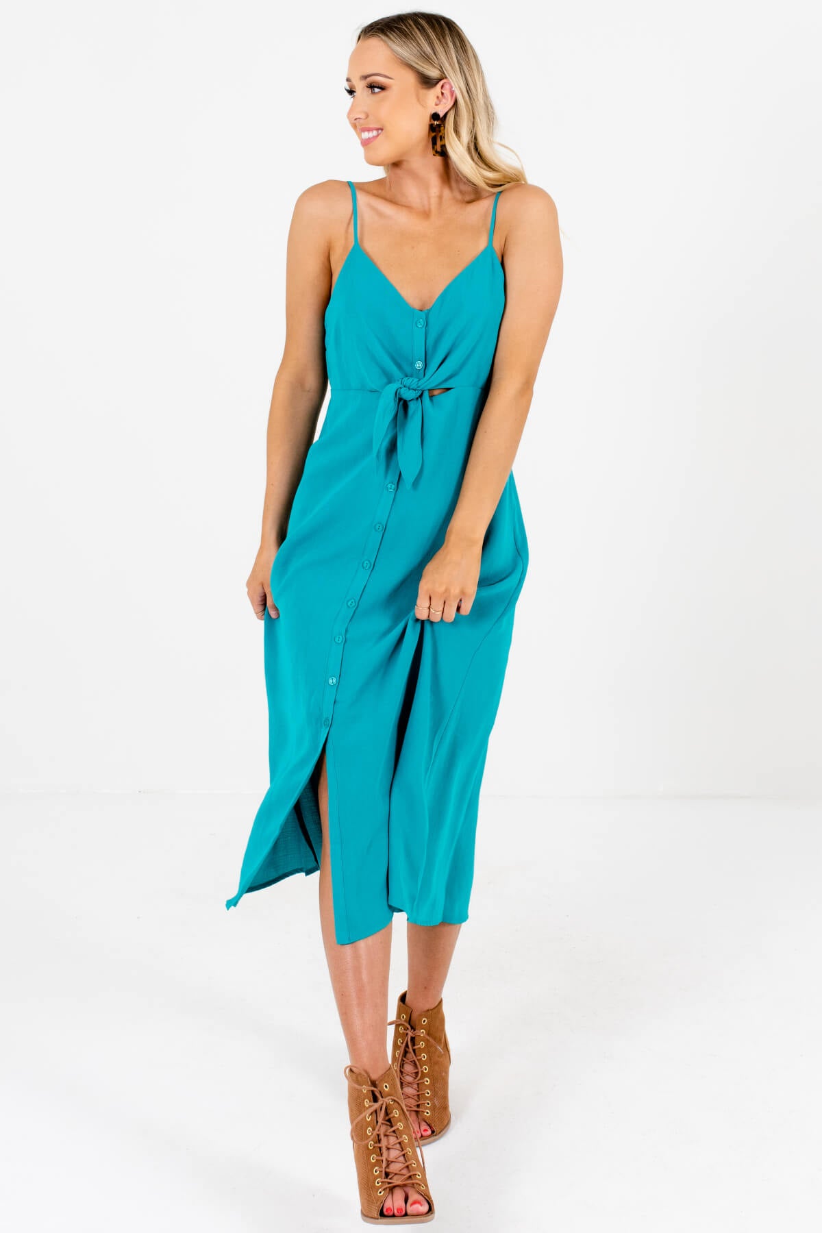 Teal Turquoise Button-Up Tie-Front Midi Dresses for Women