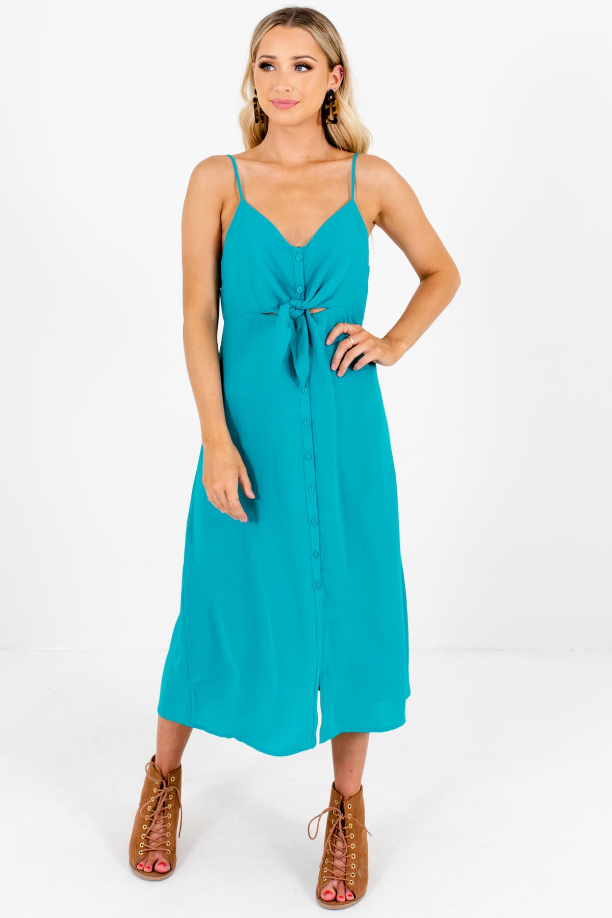 Turquoise Teal Green Button-Up Tie-Front Midi Dresses for Women