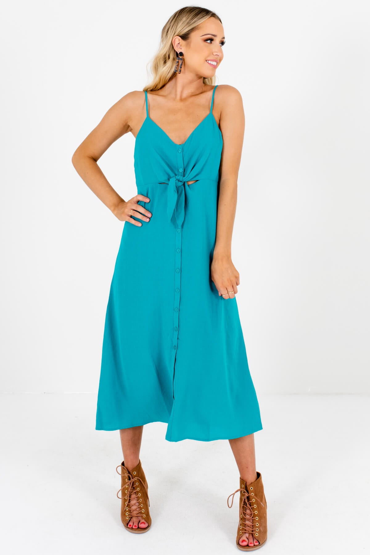 Turquoise Blue Teal Green Button-Up Midi Dresses for Women