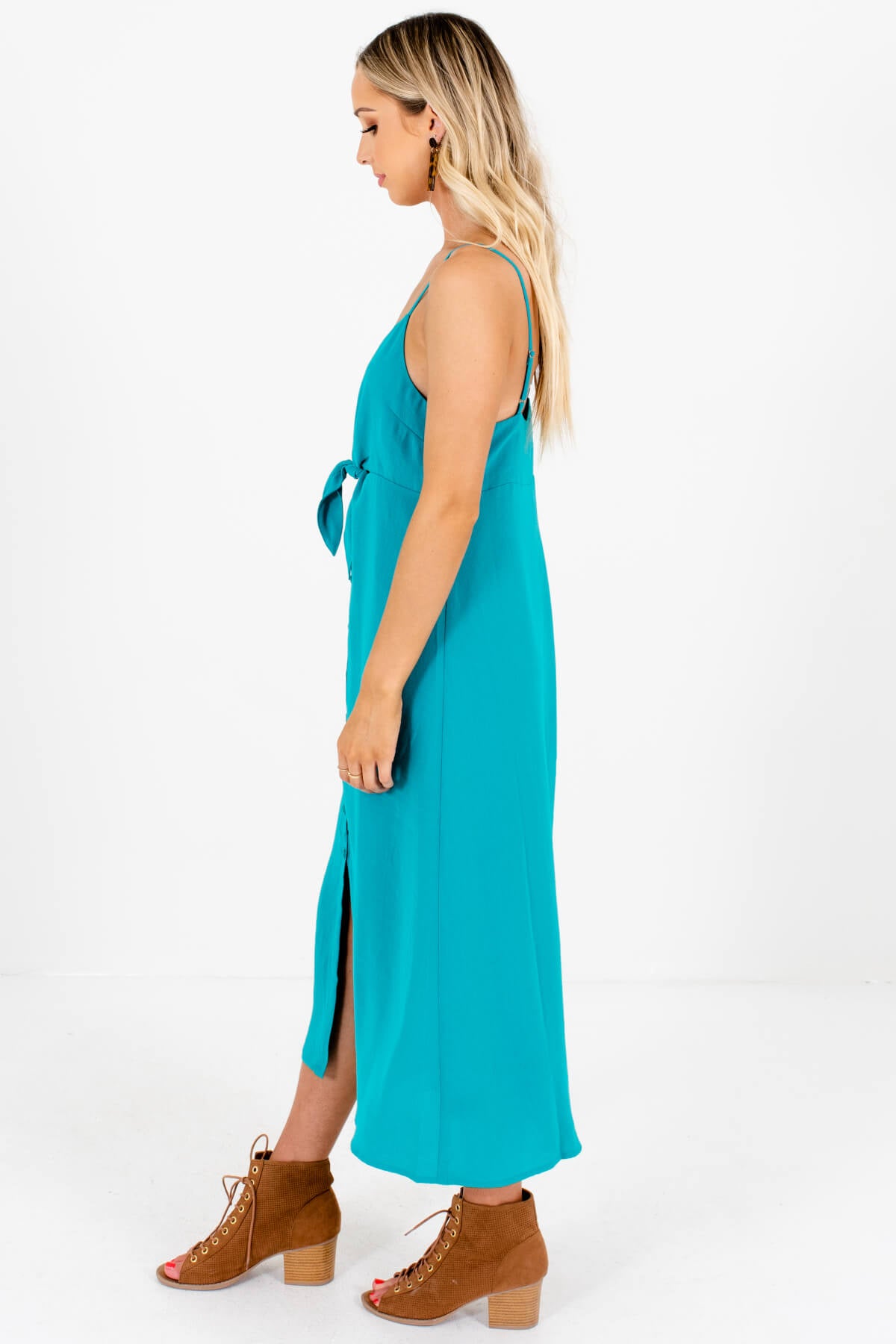 Turquoise Teal Tie-Front Button-Up Midi Dresses for Women