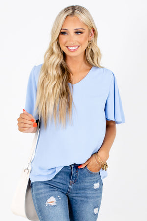 Women's Solid Blue Boutique Blouse with Butterfly Sleeves