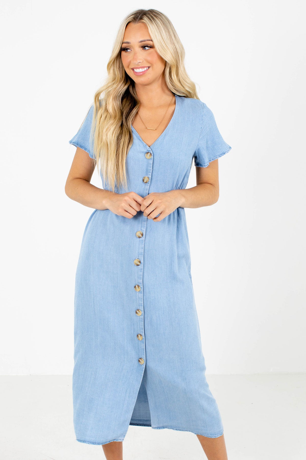 Blue Button-Up Front Boutique Midi Dresses for Women