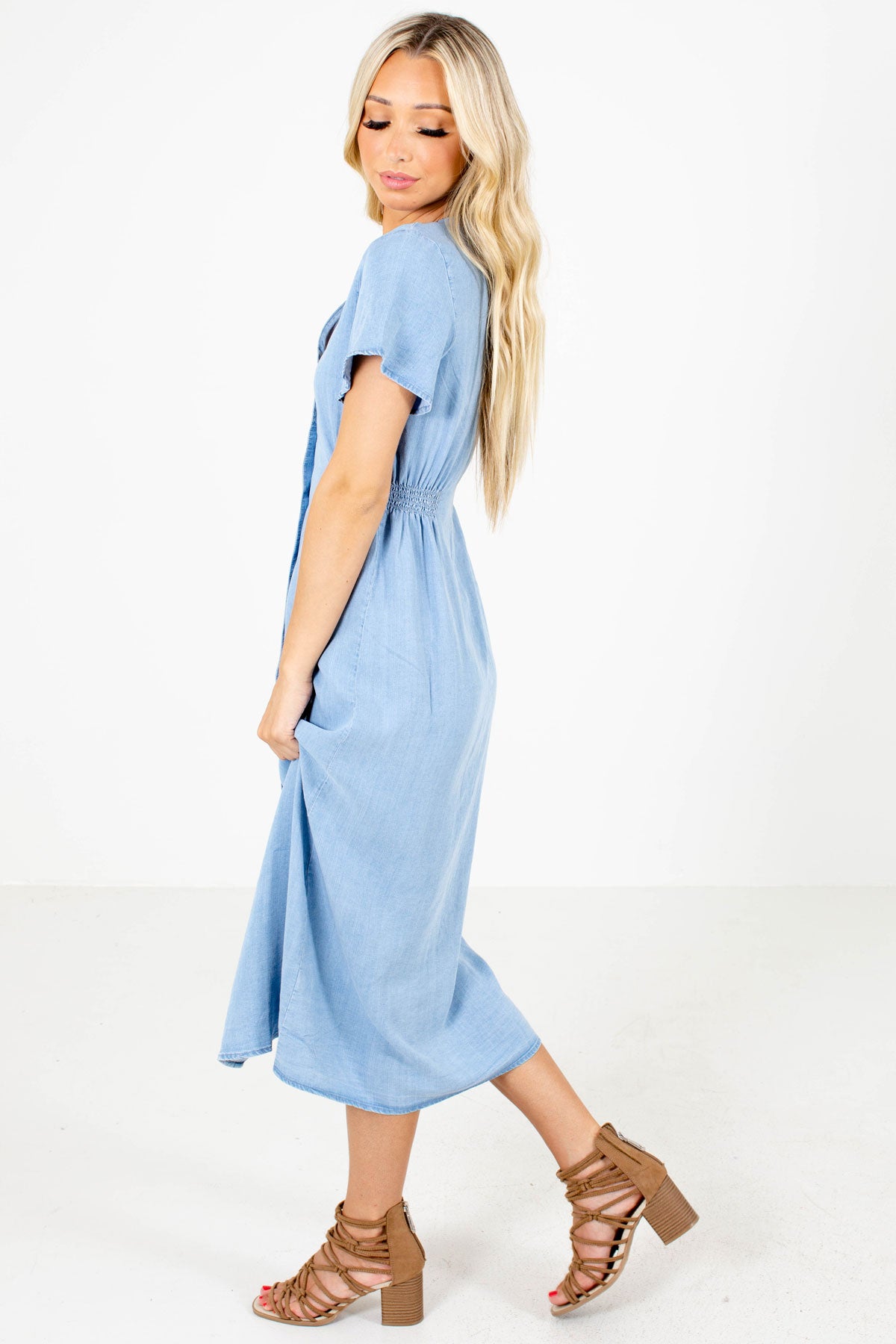 Blue Smocked Side Boutique Midi Dresses for Women
