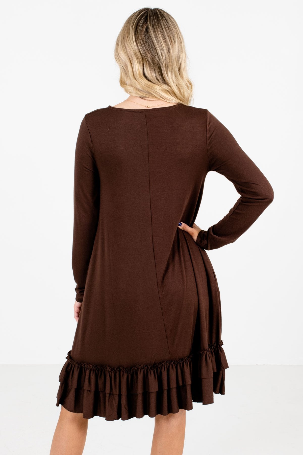 Women's Brown Long Sleeve Boutique Knee-Length Dress