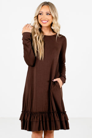 Brown Ruffled Hem Boutique Knee-Length Dresses for Women