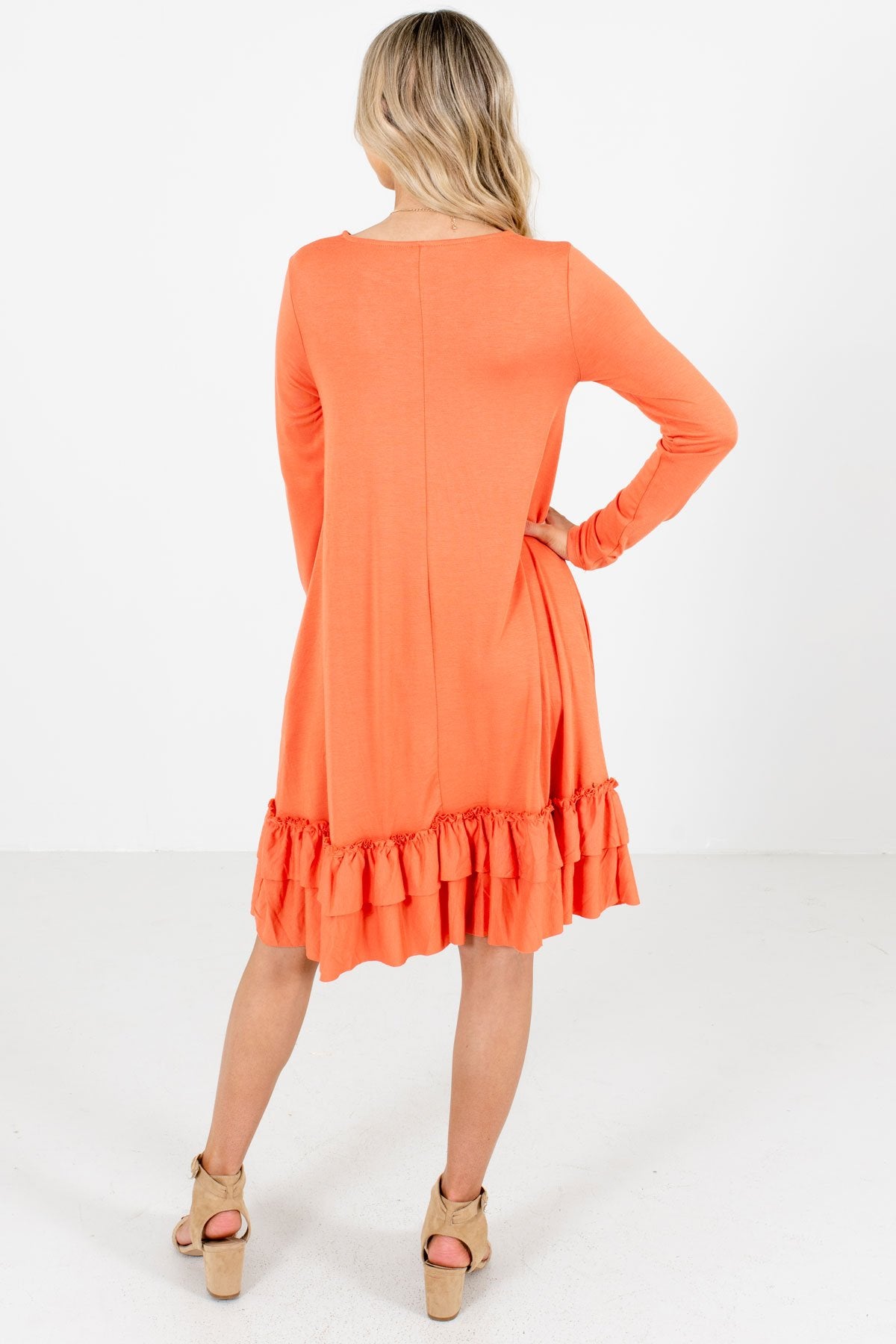 Women's Orange Long Sleeve Boutique Knee-Length Dress