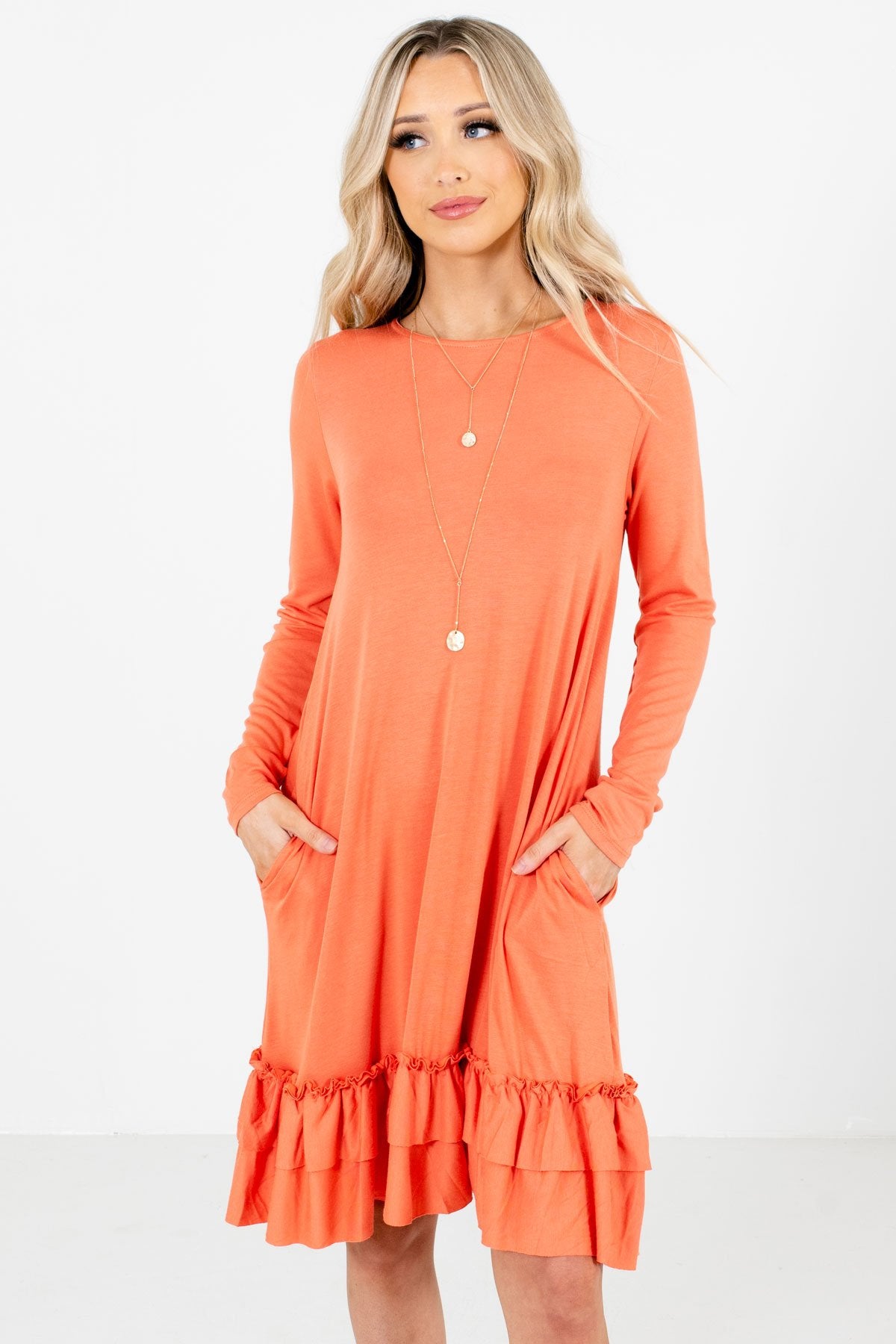 Women's Orange Boutique Knee-Length Dresses with Pockets