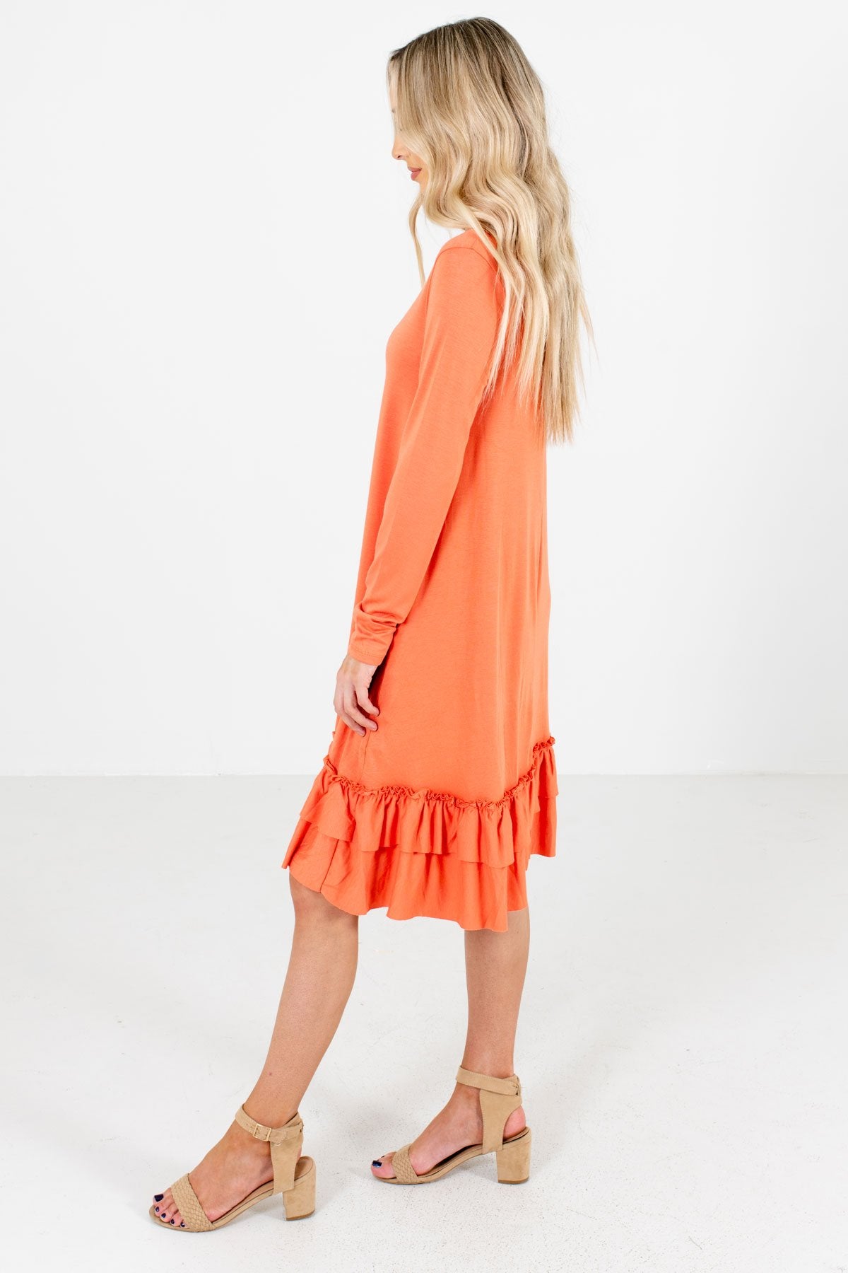 Orange Round Neckline Boutique Knee-Length Dresses for Women