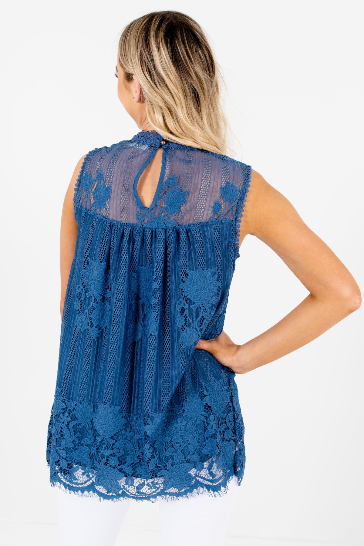 Women's Blue Keyhole Style Boutique Lace Tops