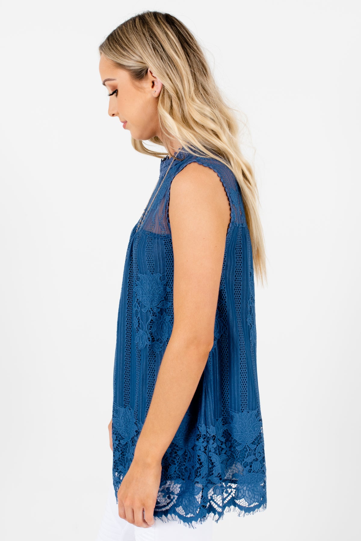 Women's Blue Semi-Sheer Material Boutique Lace Tops