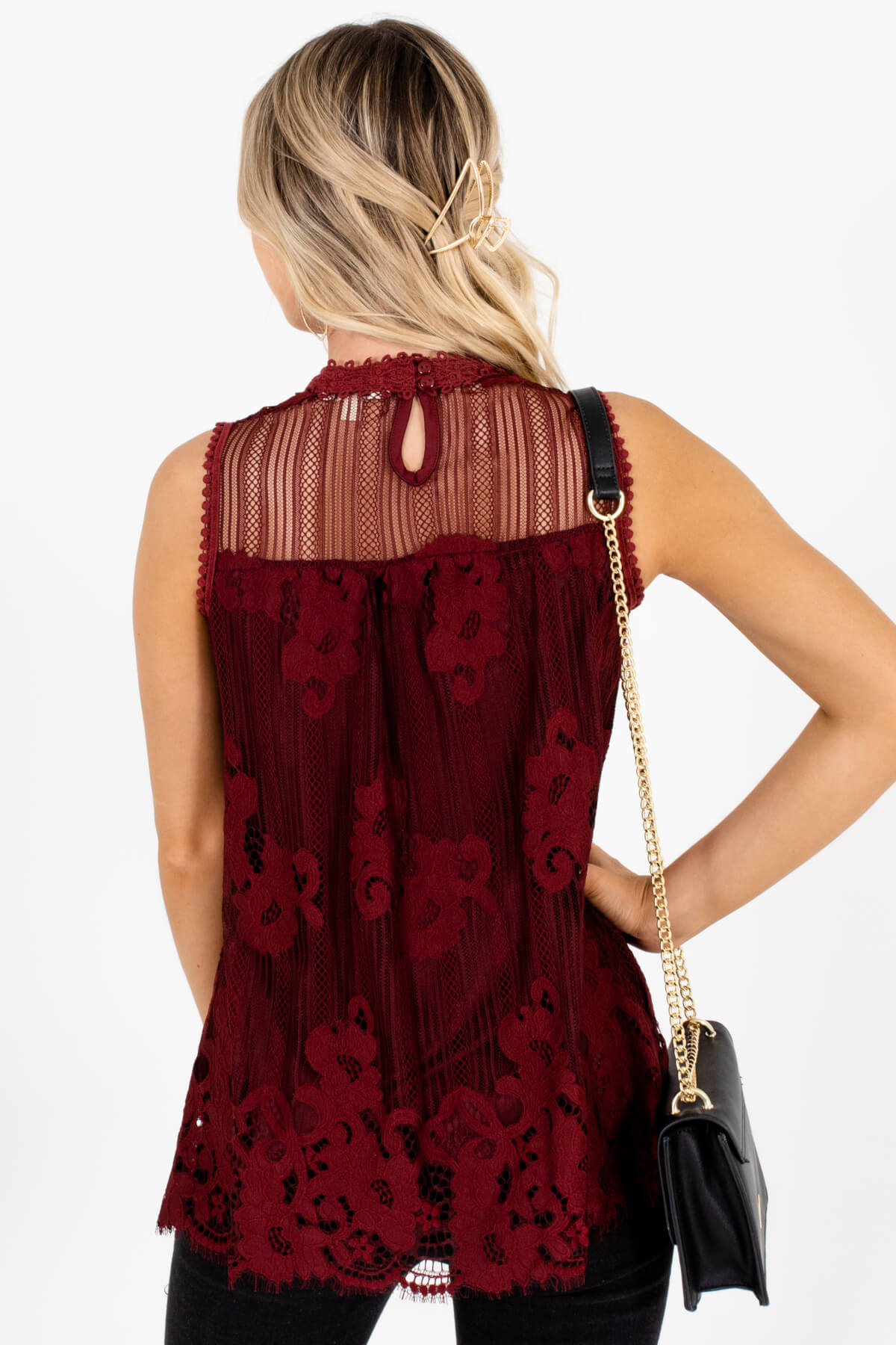 Women's Burgundy Red Keyhole Back Style Boutique Tops