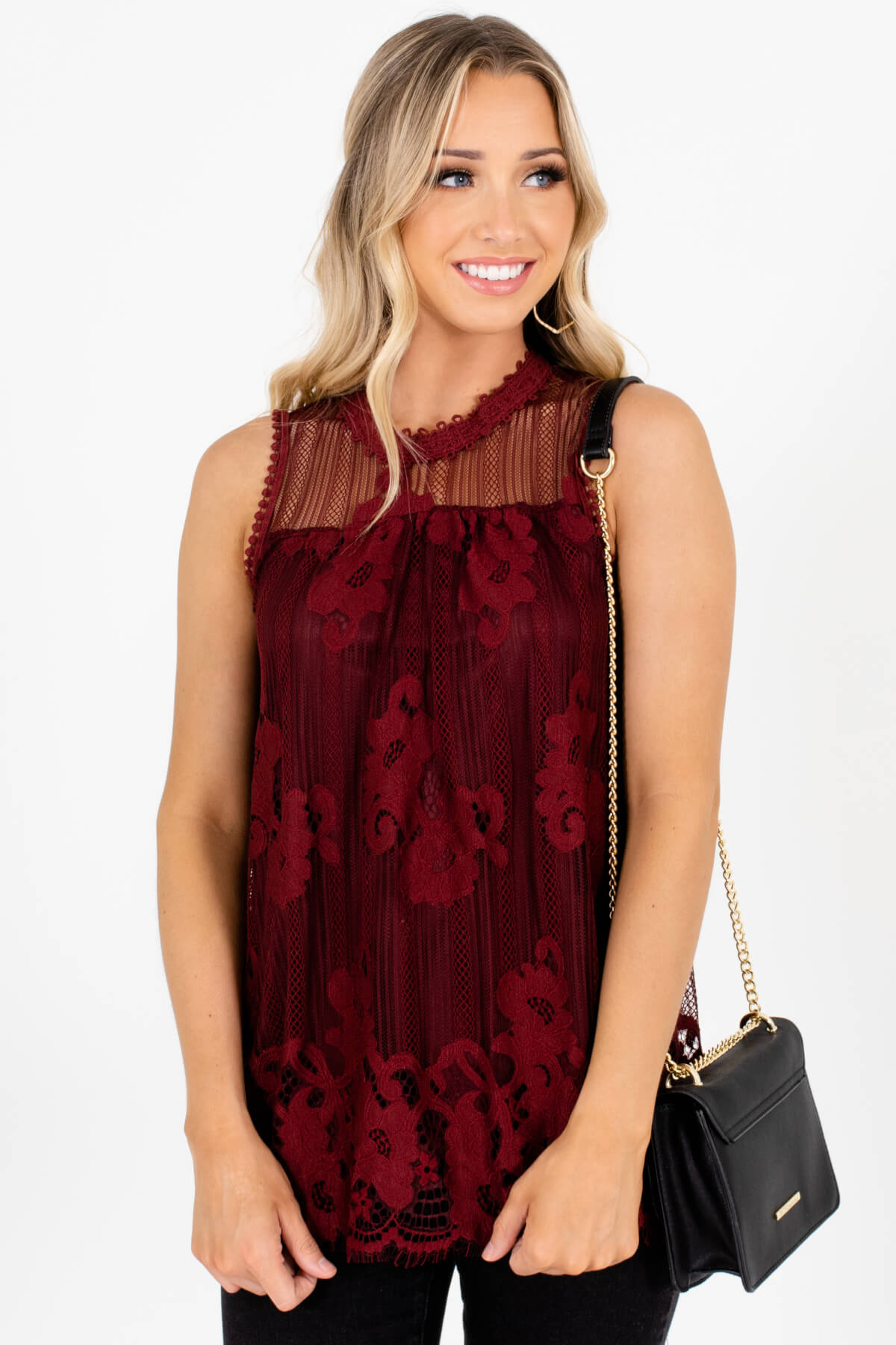 Burgundy Red Partially Lined Boutique Tops for Women