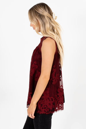 Women's Burgundy Red High-Quality Semi-Sheer Boutique Tops