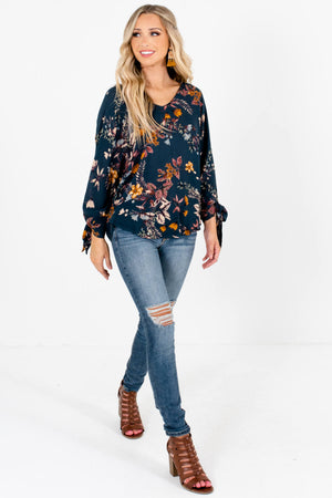 Teal Fall Floral Print Tie Sleeve Tops Affordable Online Boutique