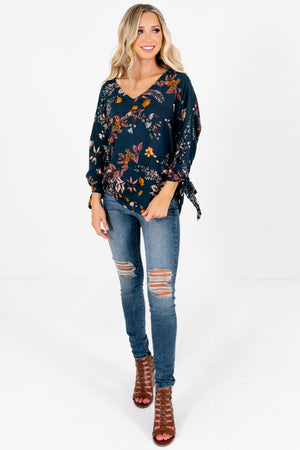 Teal Floral Foliage Print Peasant Blouses and Tops for Fall