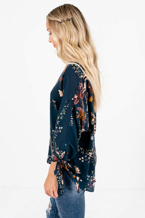 Teal Floral Print Tie Sleeve Blouses and Tops for Fall