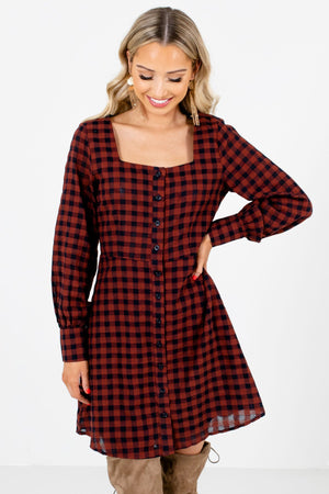 Burgundy and Navy Plaid Patterned Boutique Mini Dresses for Women