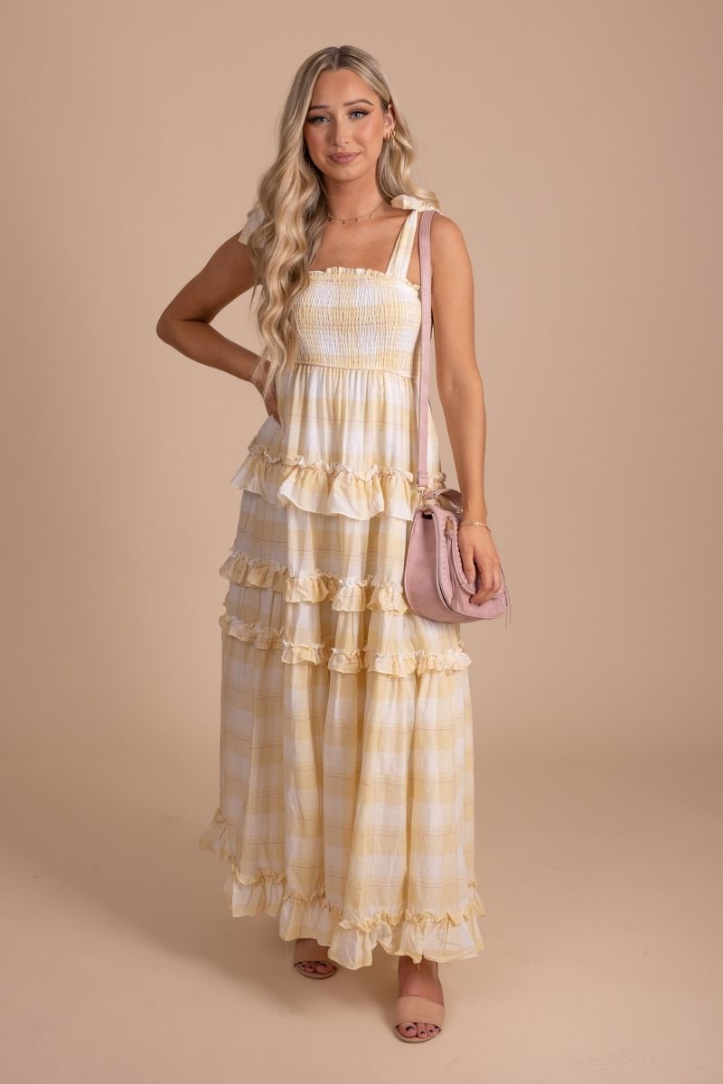 self tie strap maxi dress with ruffle details