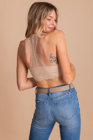 Racerback Bralette with Lace in Taupe Brown