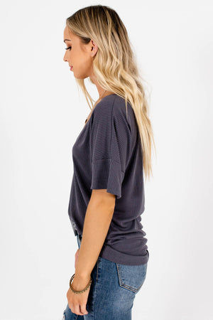 Dark Gray Ribbed Tops Affordable Online Boutique