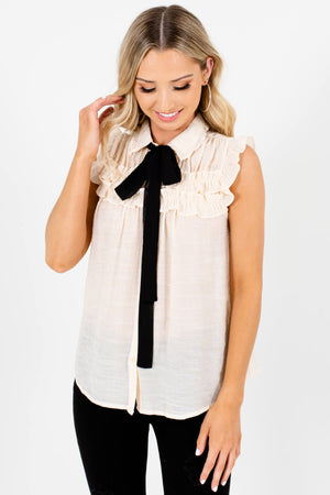 Cream Button Up Tank Sleeve Ruffle Blouses with Pussybow Tie