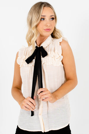 Cream Ruffle Tank Sleeve Pussybow Blouses Affordable Online Boutique