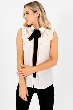 Cream Button Up Tank Sleeve Ruffle Pussybow Blouses for Women