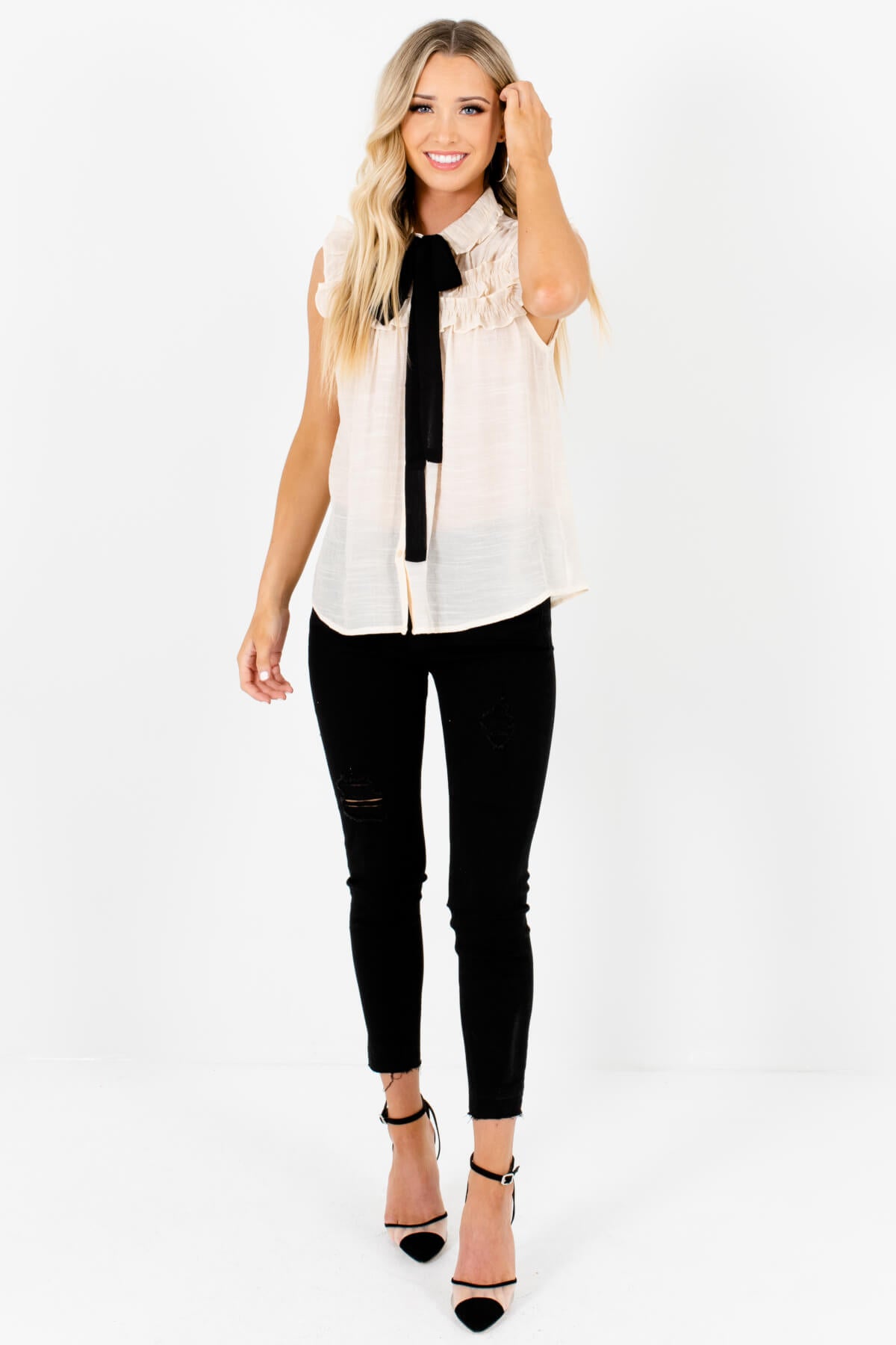 Cream Button Up Ruffle Tank Blouses with Pussybow Tie Detail