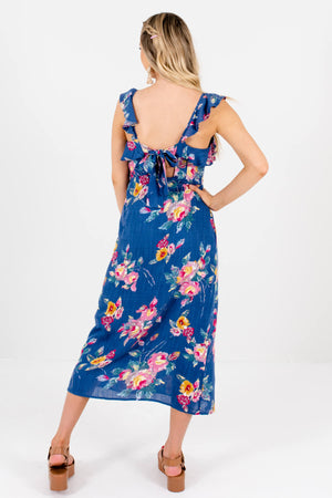 Blue Pink Yellow Floral Print Ruffle Midi Dresses Affordable Online Boutique