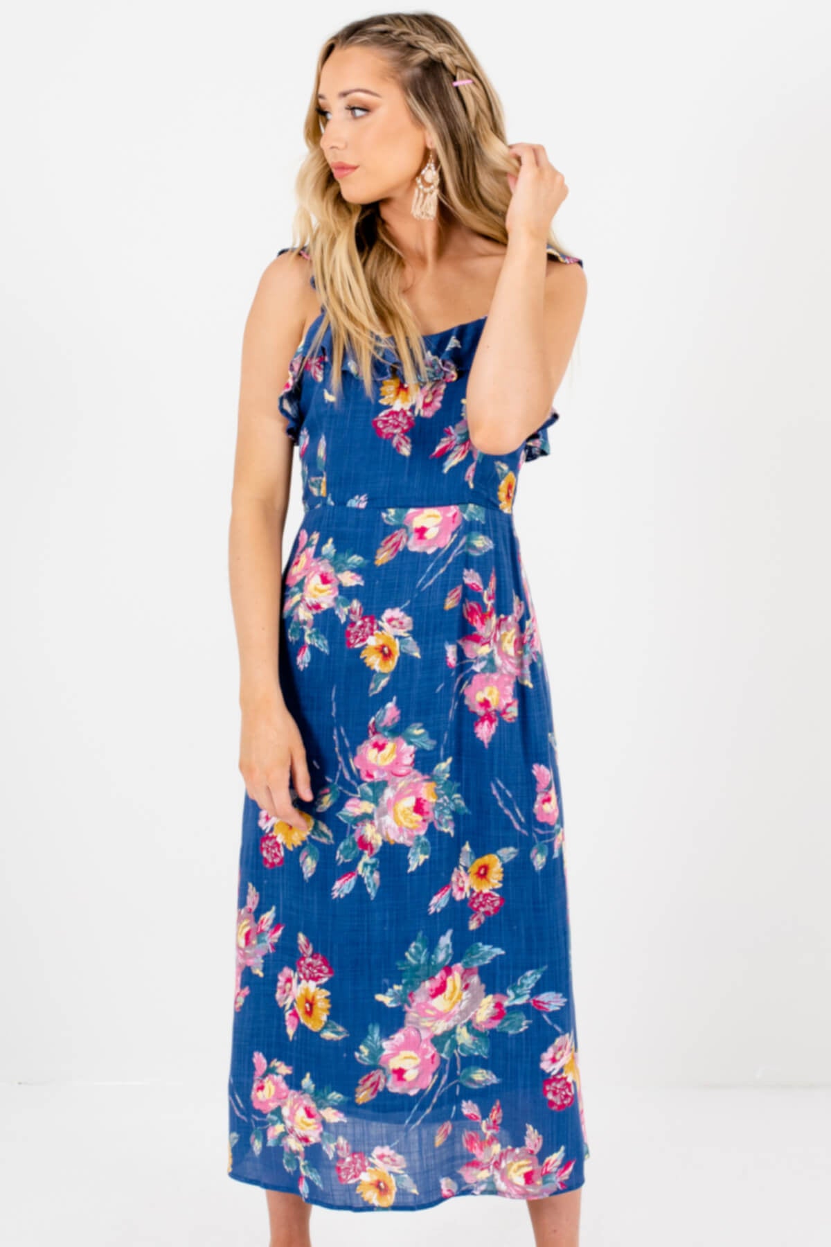 Blue Painted Floral Print Midi Dresses Affordable Online Boutique