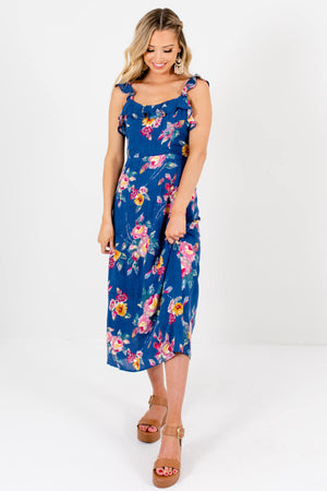 Blue Floral Boutique Midi Dresses with Ruffles and Tie Detail
