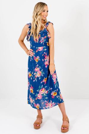 Blue Pink Yellow Painted Floral Print Boutique Midi Dresses