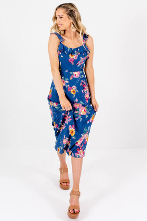 Blue Floral Print Ruffle Midi Dresses Affordable Online Boutique