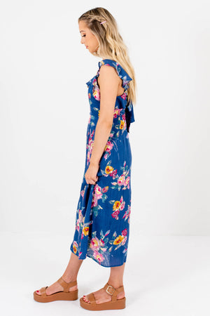 Blue Painted Floral Print Boutique Midi Dresses for Summer