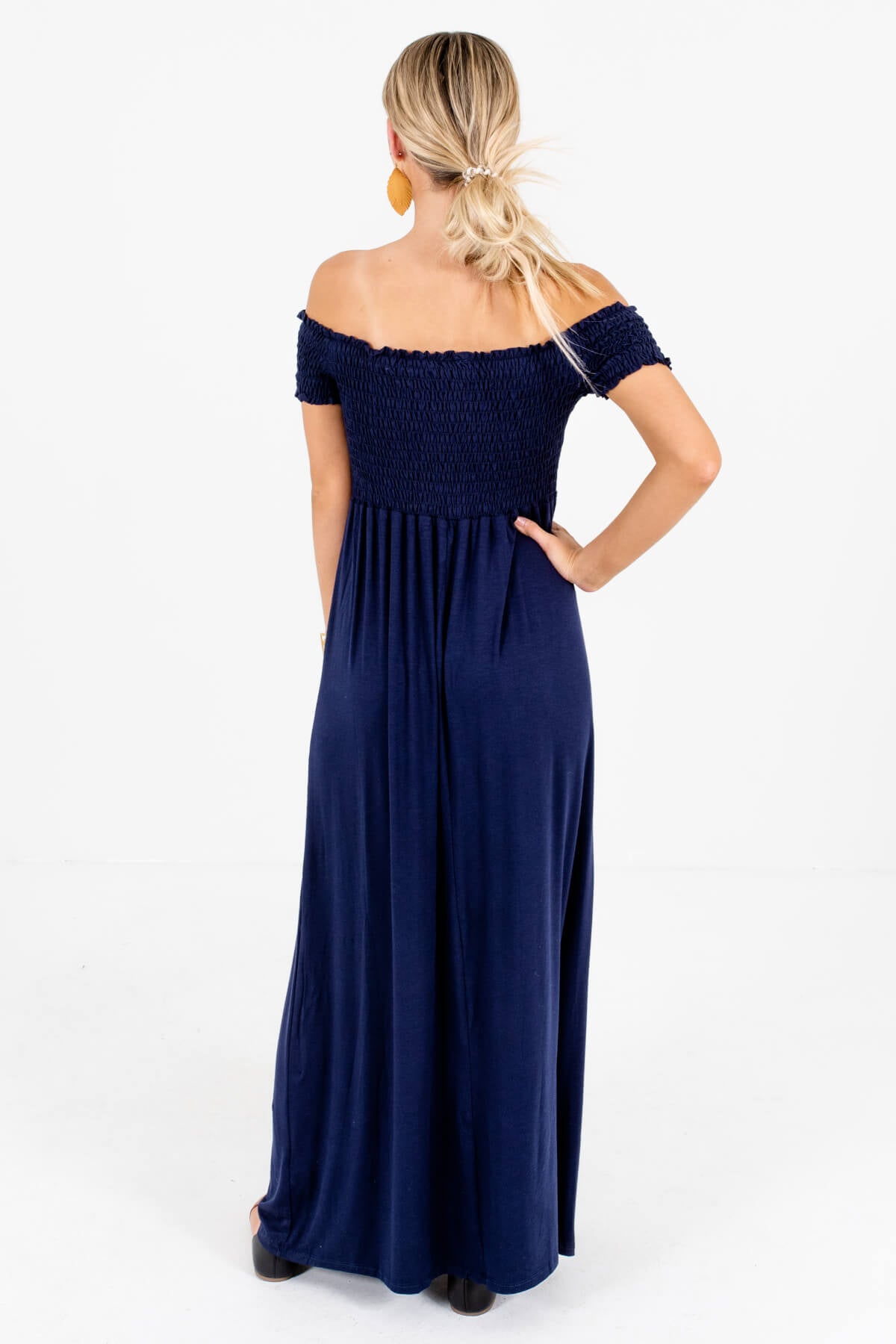 Women's Navy Blue Smocked Bodice Boutique Maxi Dress