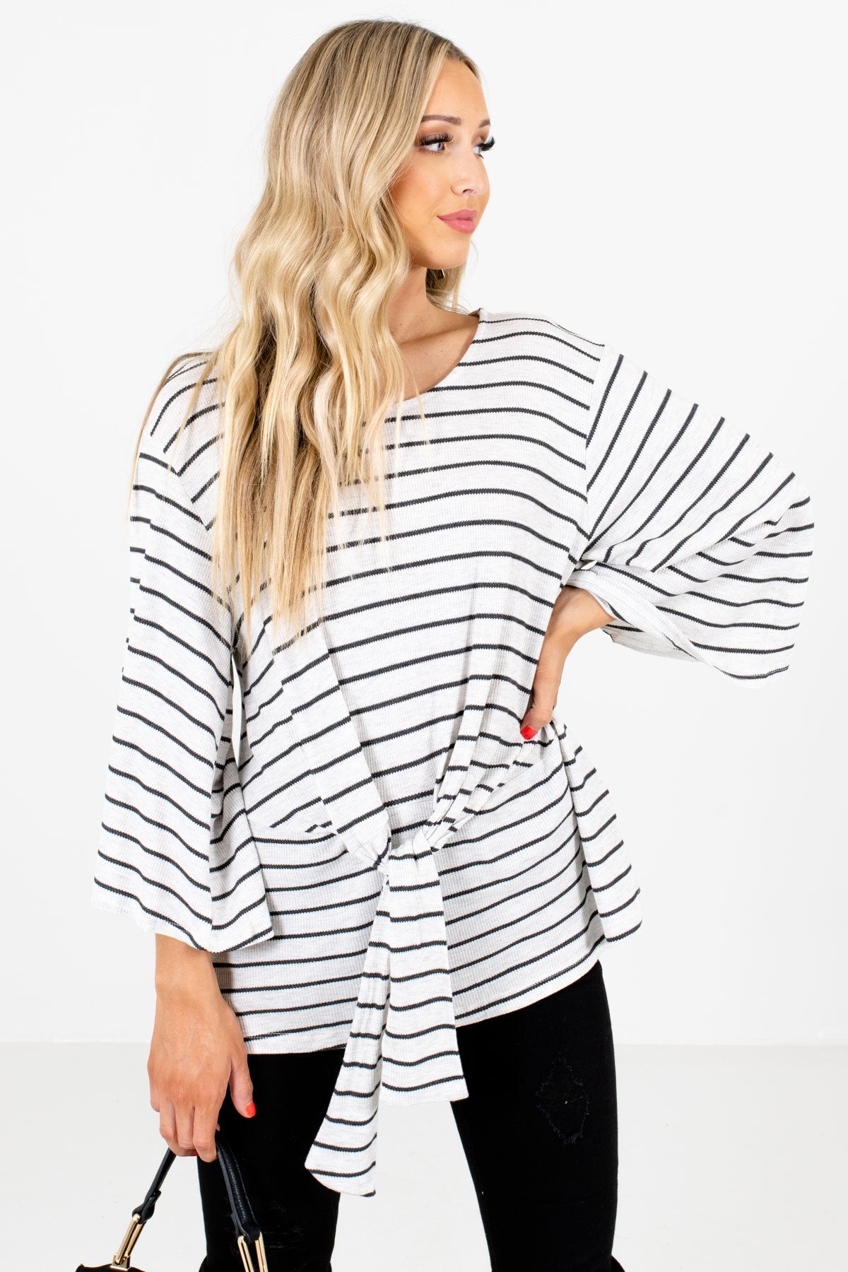 Heather Gray Striped Boutique Tops for Women