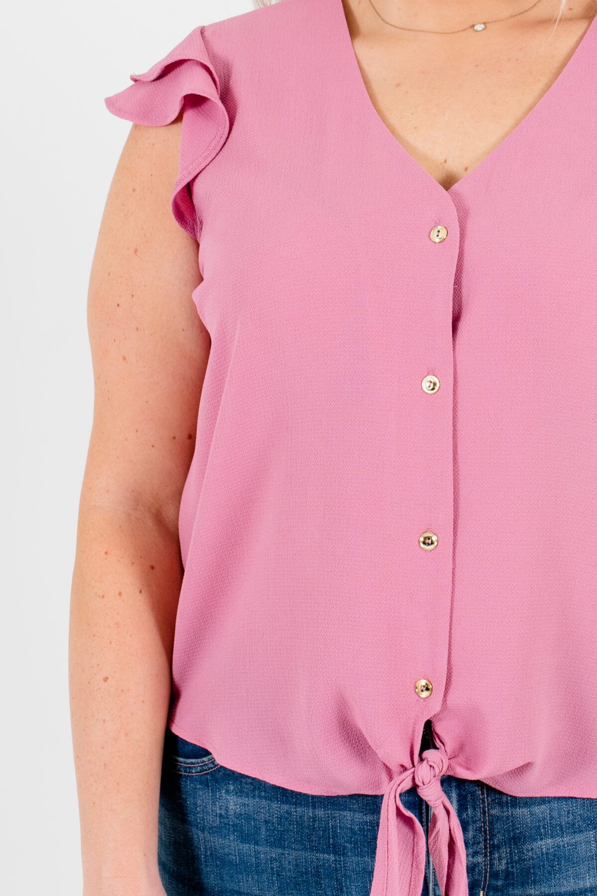 Mauve Pink Plus Size Button-Up Tie Front Ruffle Sleeve Shirts and Tops
