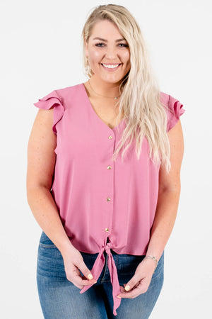 Mauve Pink Plus Size Button Up Ruffle Sleeve Tie Front Shirt Tops
