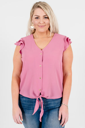 Pink Mauve Button Up Ruffle Sleeve Tie Front Plus Size Shirts