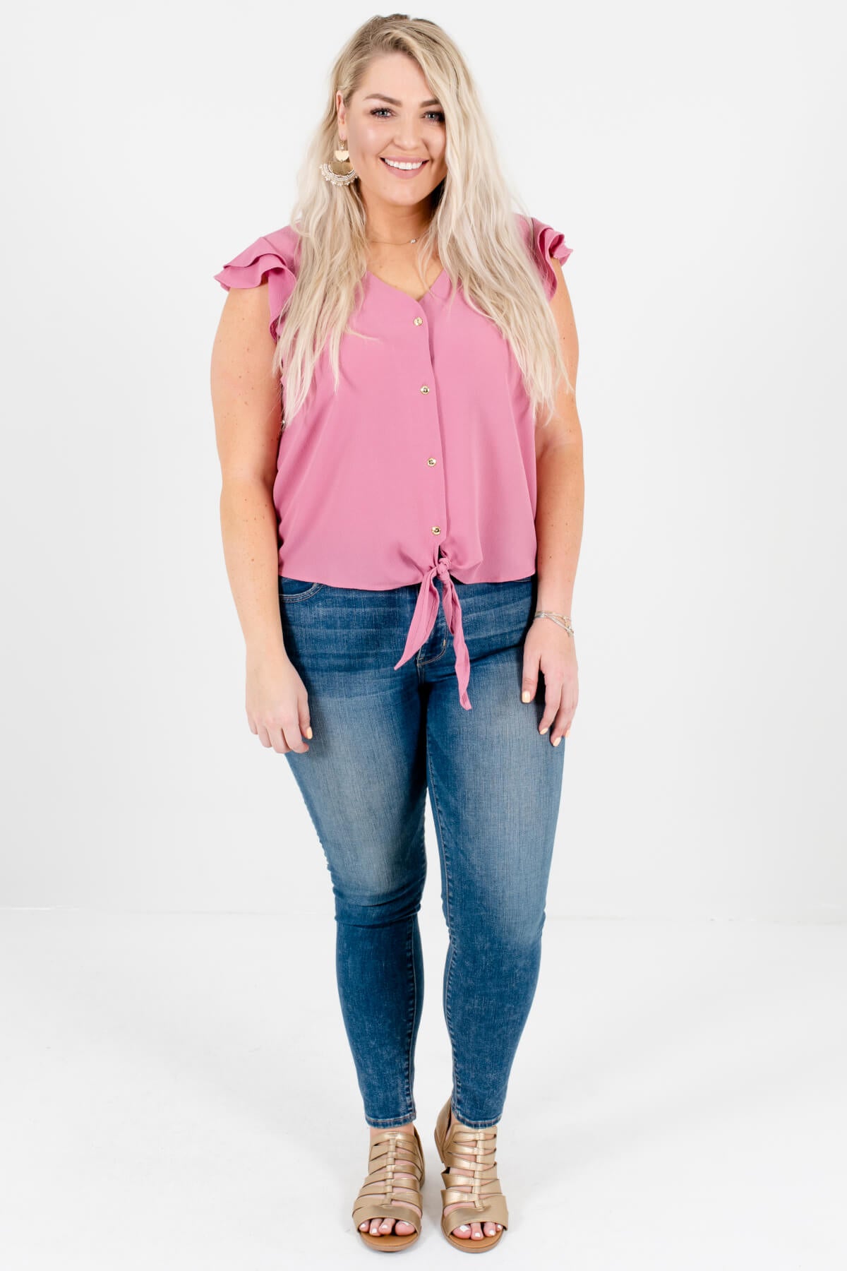 Mauve Pink Plus Size Front Knot Button-Up Shirts Boutique