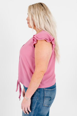 Mauve Pink Plus Size Ruffle Sleeve Button-Up Front Knot Shirts